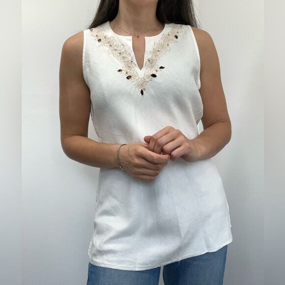 Vintage Y2K White Linen Sleeveless Floral Embroidered Tunic Top Size S - Picture 1 of 11
